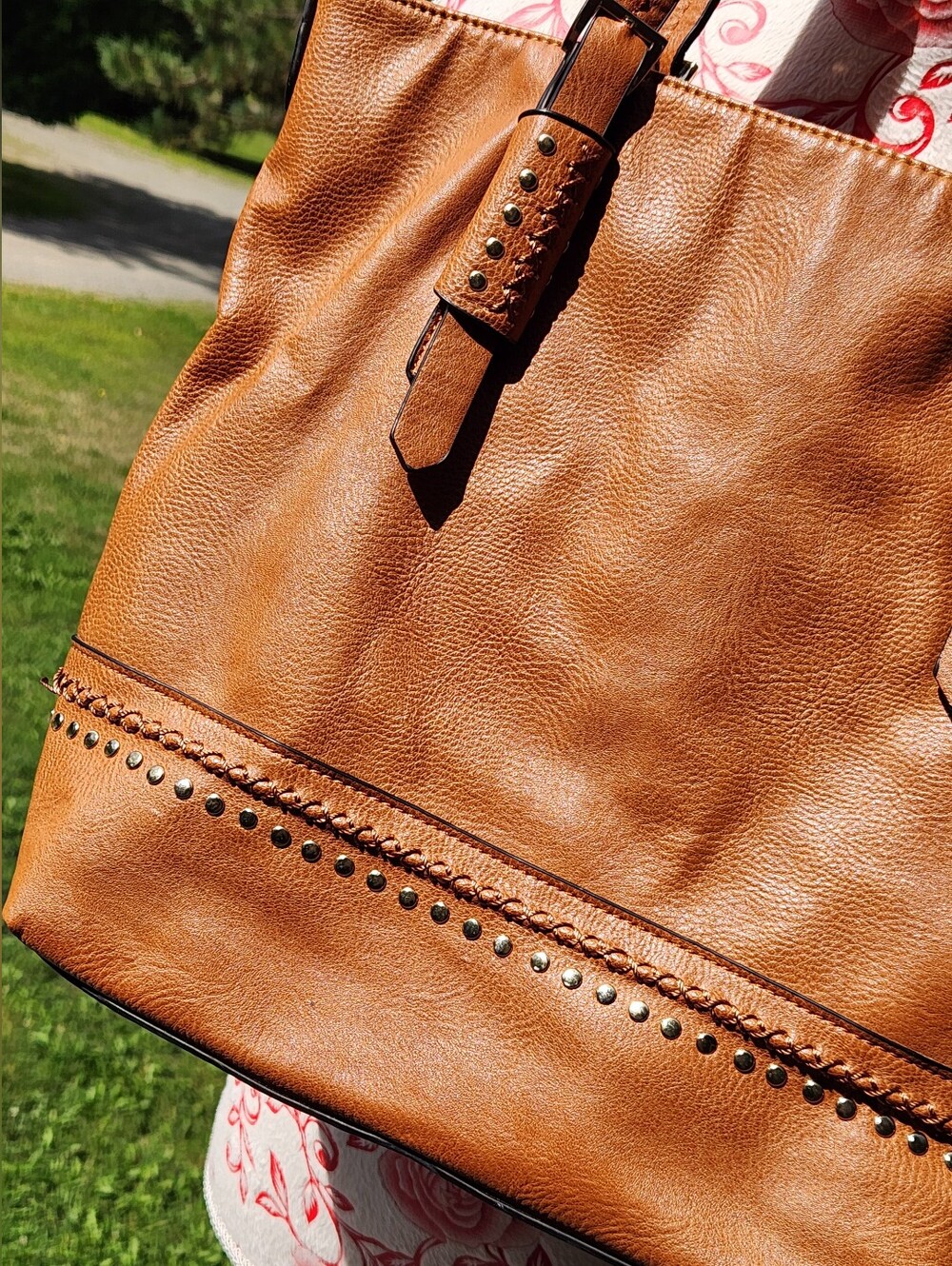 Caramel Tan Stud-Trim Leather Tote Conceal Carry Vegan Leather *Virago - Picture 6 of 10